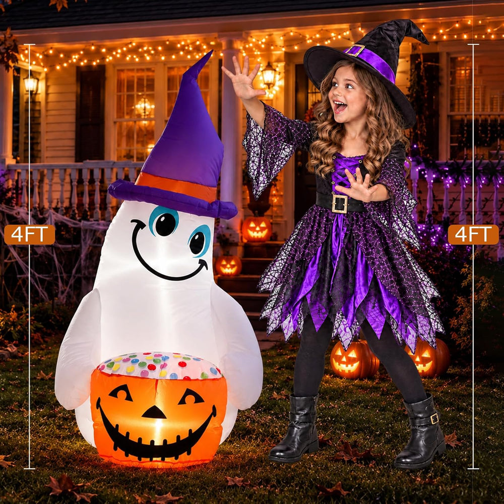 4FT Halloween Inflatable Outdoor Decorations, Blow Up Cute Ghost with Witch H...