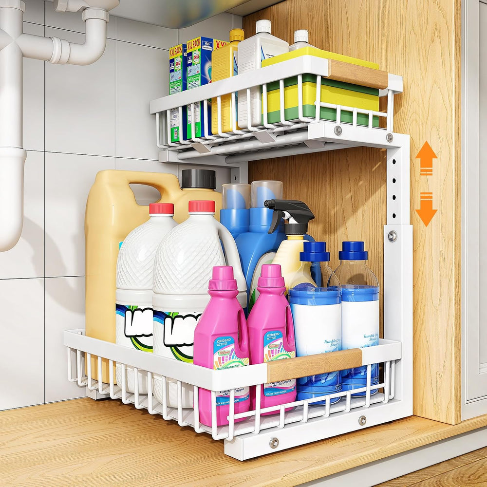 PXRACK Under Sink Organizer, Adjustable Height, 2 Tier Pull Out Under Cabinet...