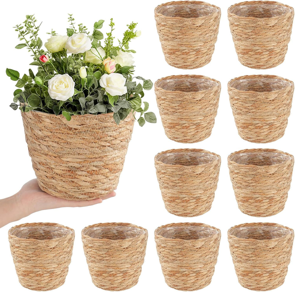 10 PCS Seagrass Plant Baskets with Plastic Liners, Woven Planter Baskets for ...
