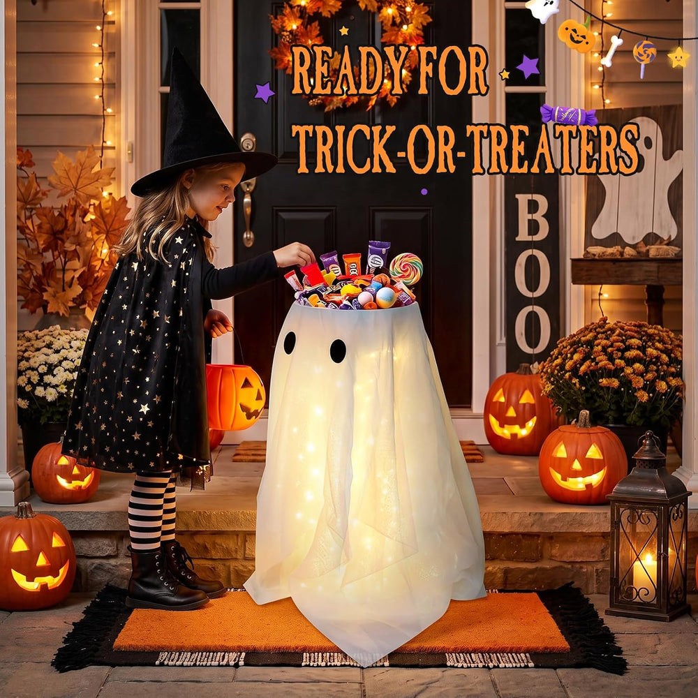 33" Lighted Ghost Candy Bowl Stand, Halloween Trick or Treat Holder Outdoor