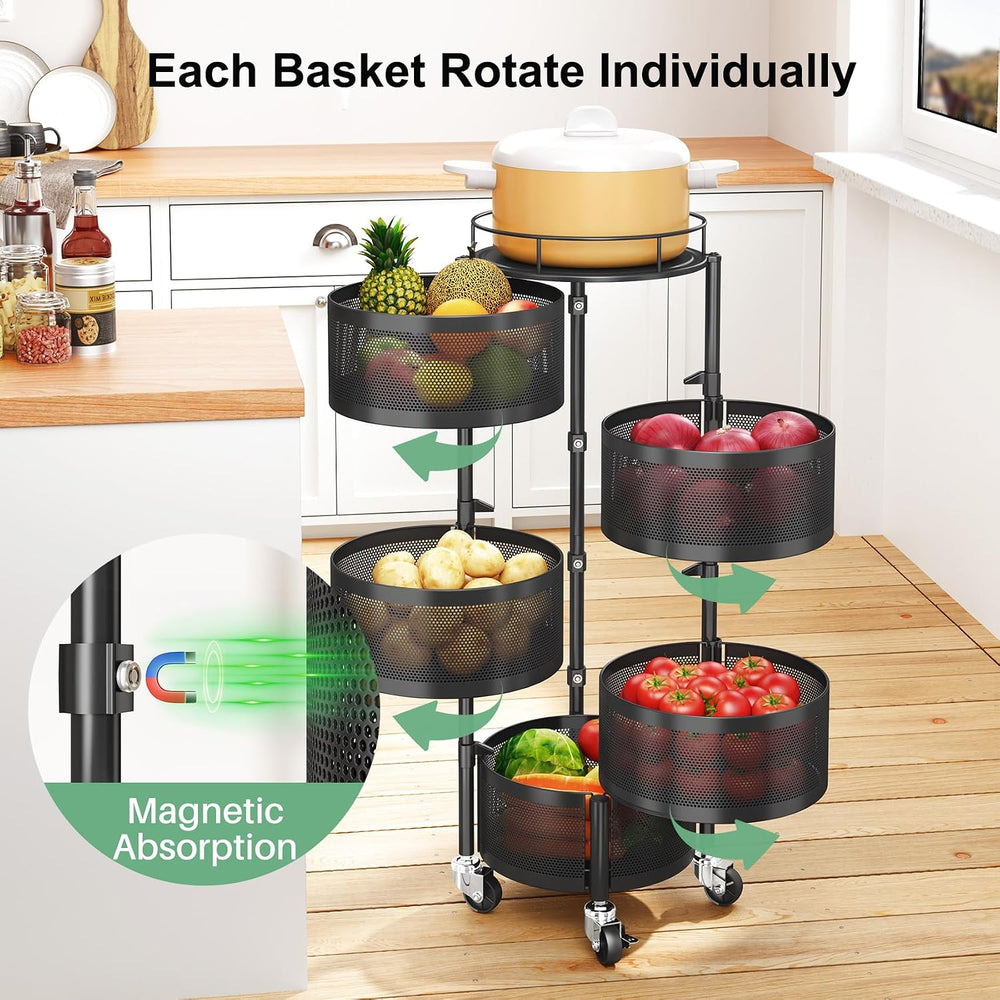 SAYZH 5 Tier Fruit Vegetable Basket Stand for Kitchen, Rotating, Black