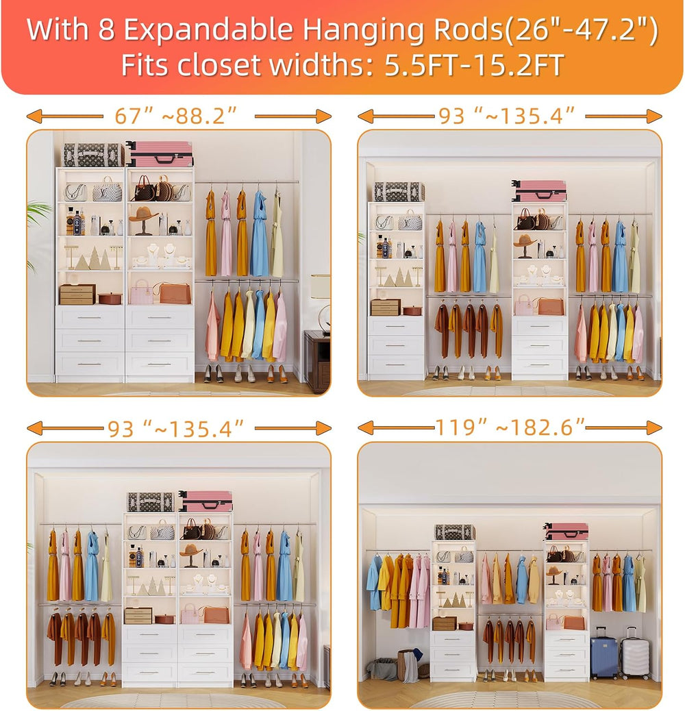 Closet System with 6 Drawers, 5FT-15FT Custom Closet Organizer System Modular...