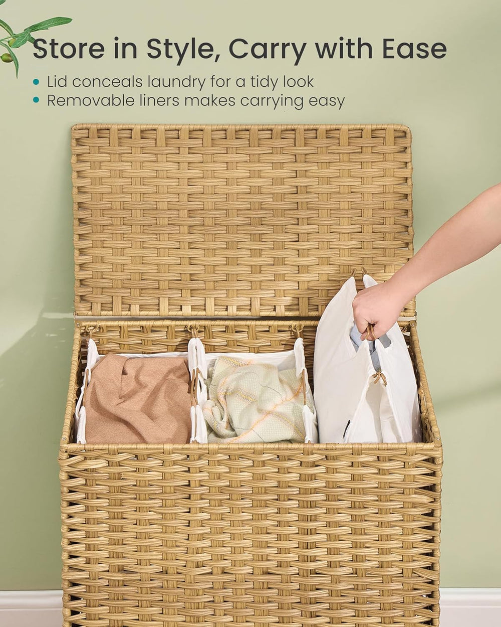 SONGMICS 3-Section Laundry Hamper with Lid, PE Rattan, 42 Gallons (160 L)
