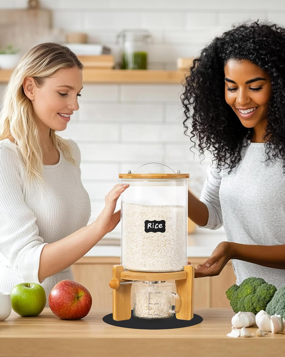 5-7 lbs Glass Rice Dispenser with Wooden Stand Flour and Cereal Container wit...