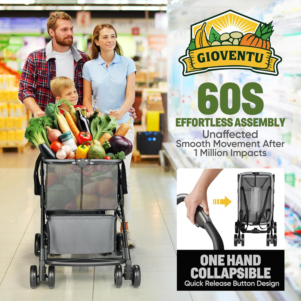 Folding Stroller Shopping Cart, 80lbs Collapsible W/ 360° Wheels, 2-Tier