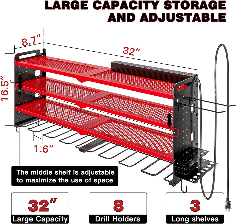 Power Tool Organizer Wall Mount, 8-Drill Charging Station, Red