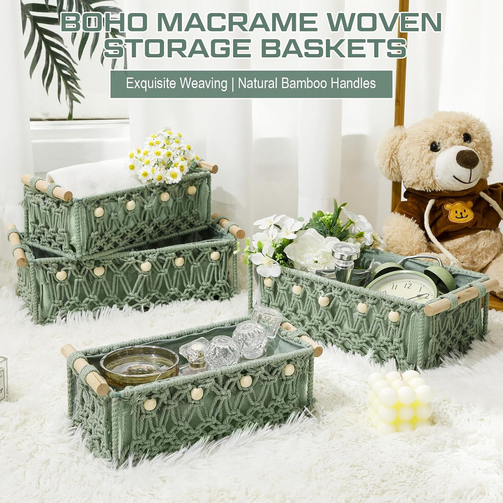 Vesici 4 Pcs Sage Green Macrame Storage Baskets Shelves 13" 11" Woo...