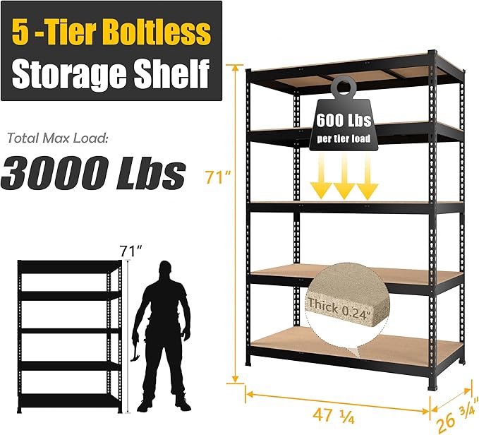 PrimeZone 48" x 24" x 72" Heavy Duty 5 Tier Adjustable Garage ...