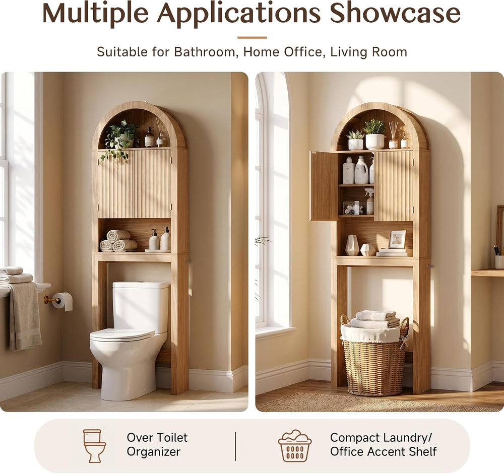 Arched Over The Toilet Storage Cabinet with Fluted Doors, Natural