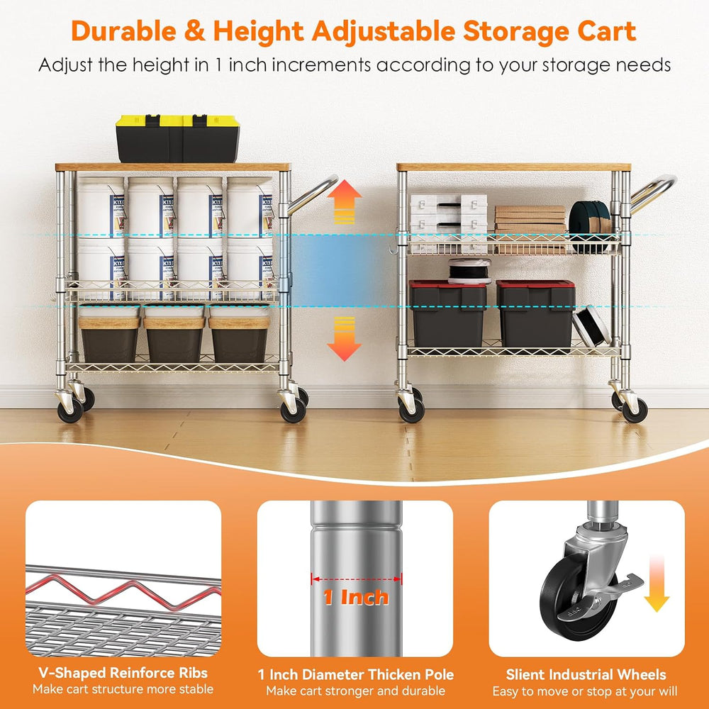 3 Tier Rolling Kitchen Carts on Wheels with Storage,650Lbs Heavy Duty Utility...