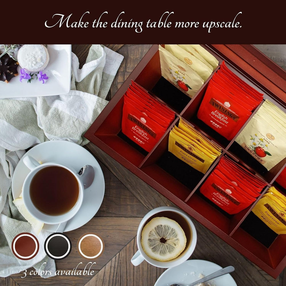 BJOYFUL&LOVED Wooden Tea Box with Glass Lid, 8-Compartment, Walnut Color