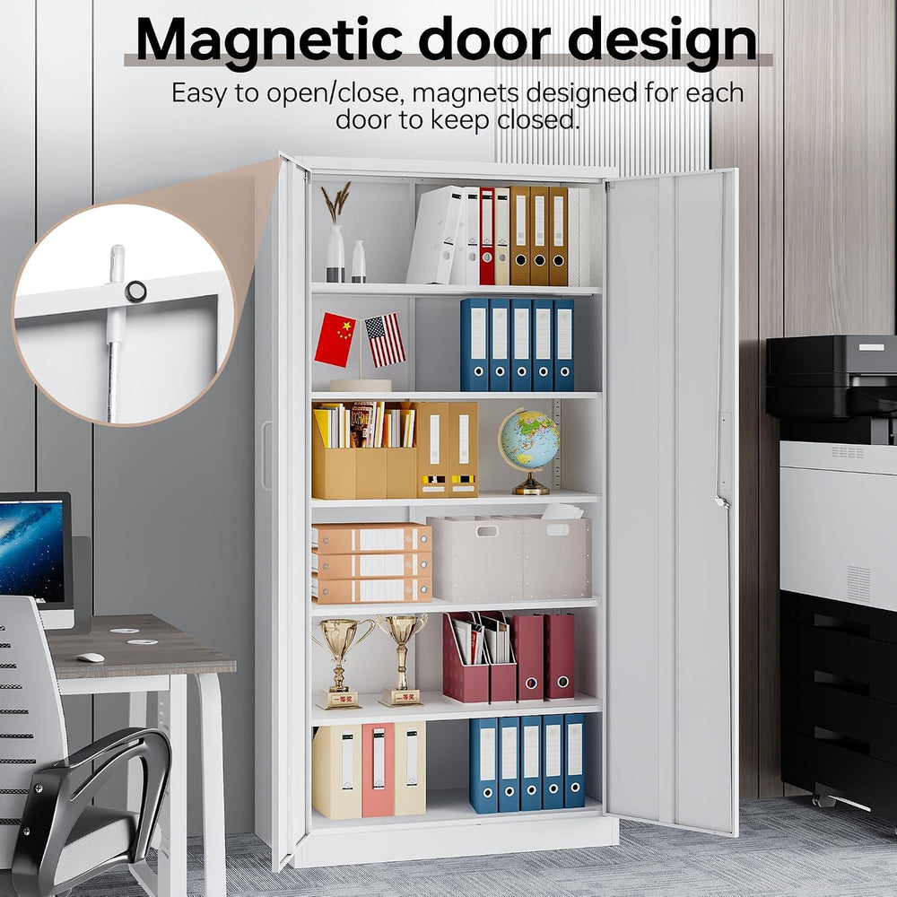71" H Metal Storage Cabinet with Lock, White Garage Cabinets with 2 Door...