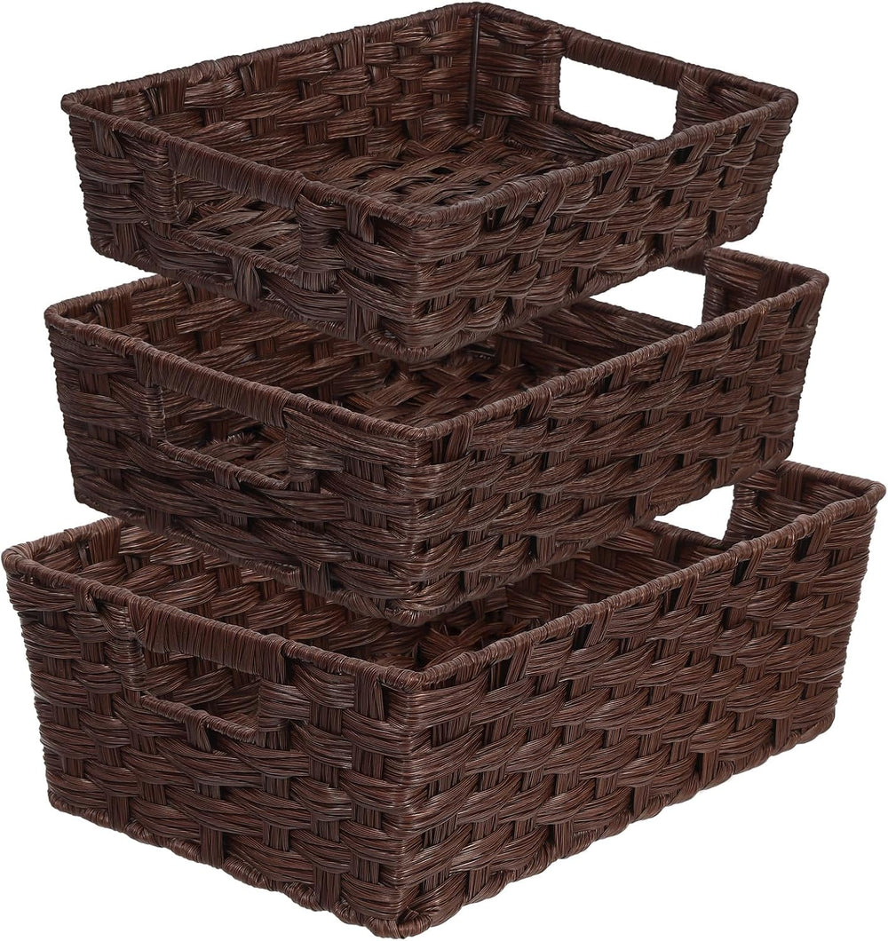 Set of 3 Large Wicker Storage Baskets for Organizing, Brown