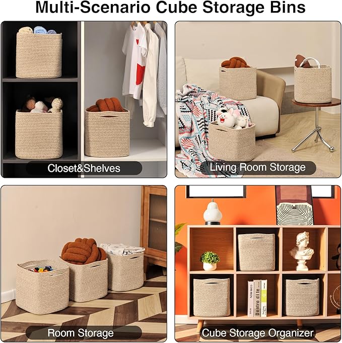 11 Inch Cube Storage Bins, Storage Cube Organizer Bins, Woven Cotton Rope (Pa...