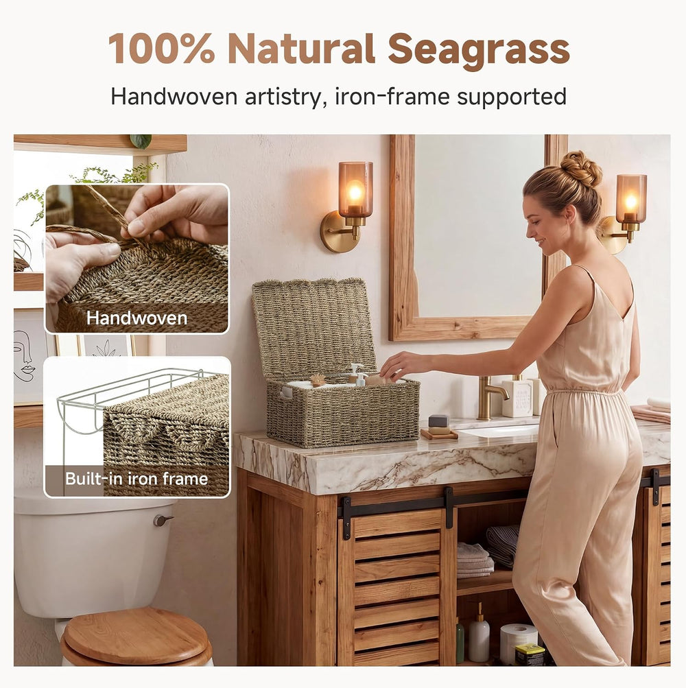 StorageWorks Scalloped Wicker Basket with Lid, Seagrass Storage Baskets