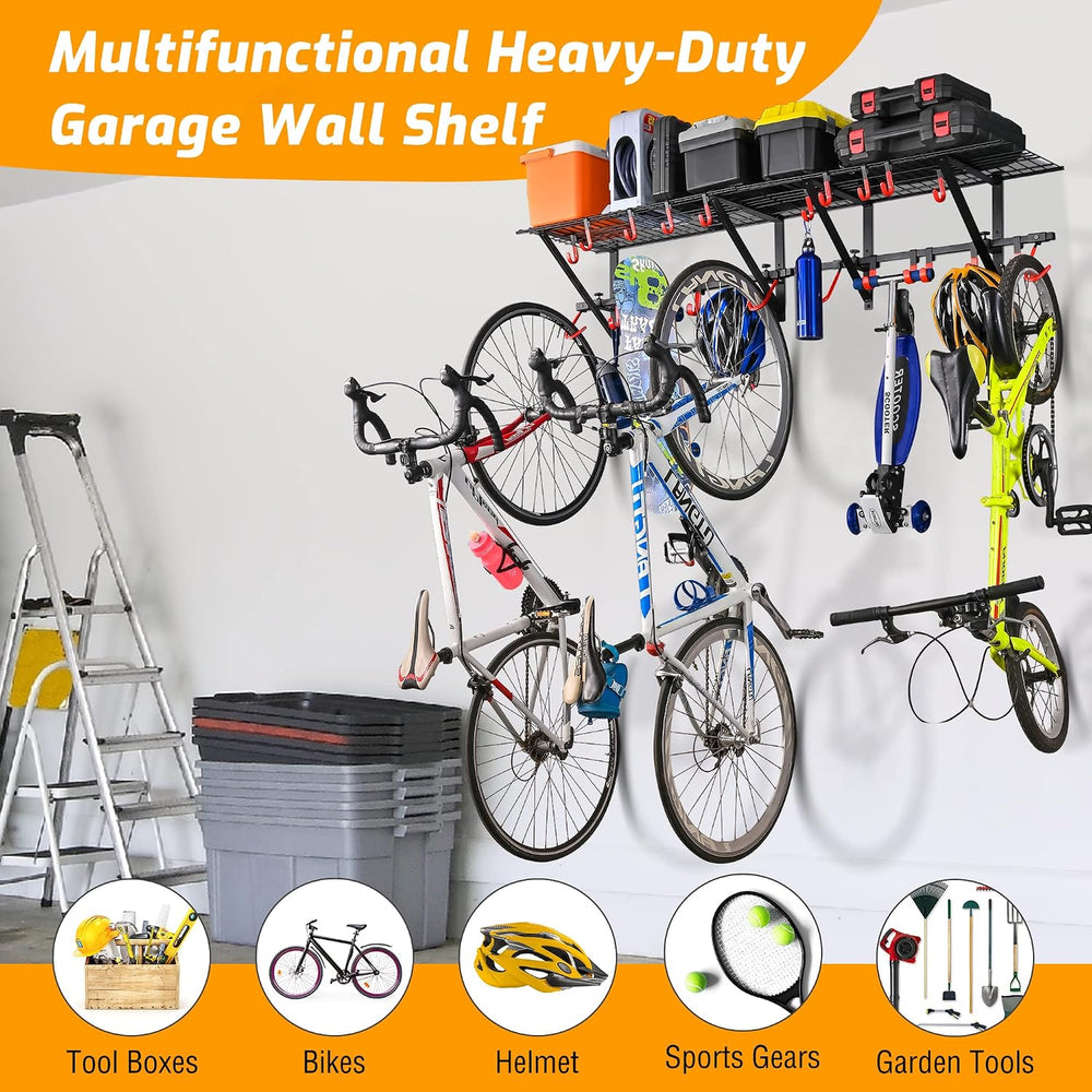 Garage Wall Shelving with Bike Hooks, Adjustable Storage Rack