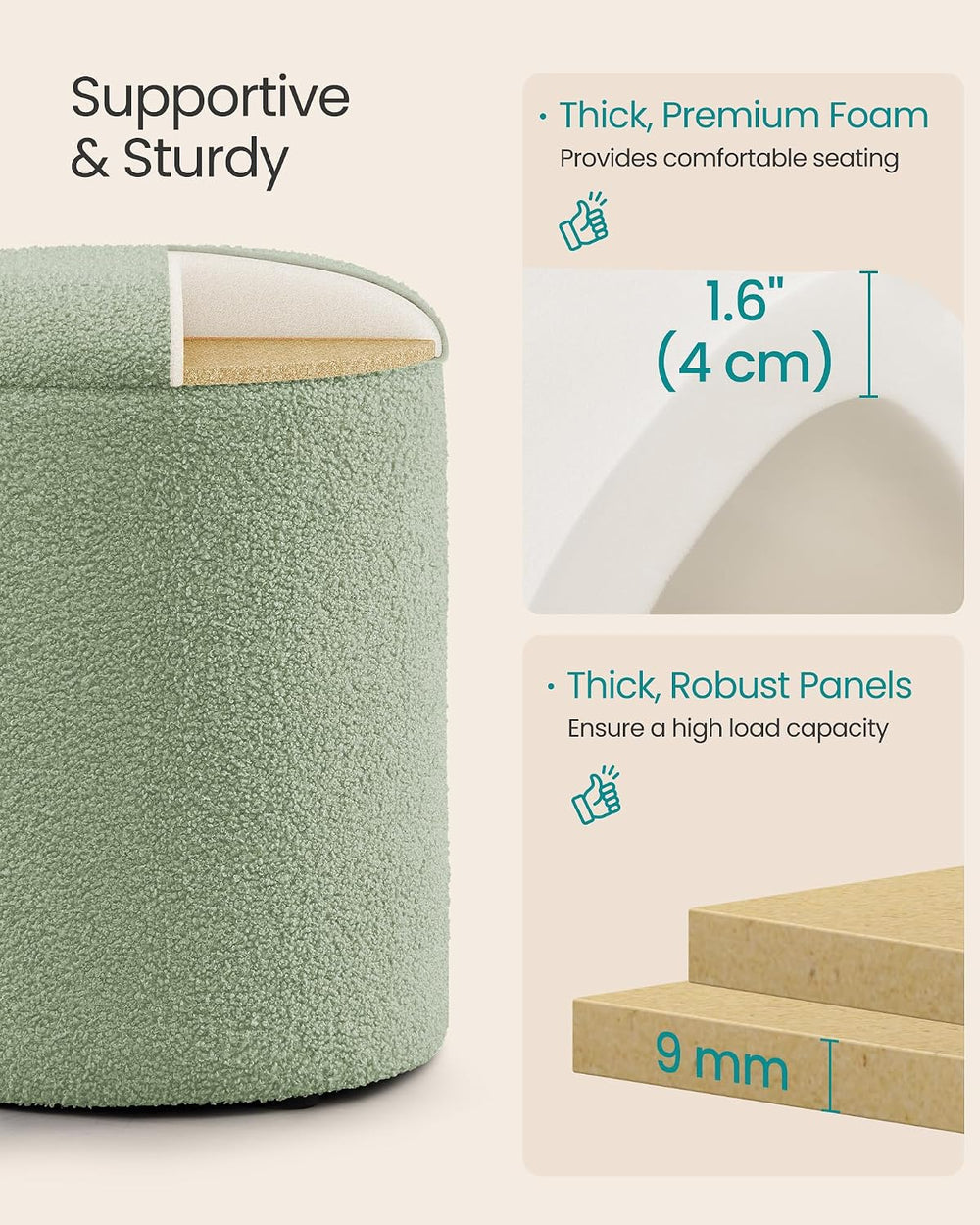 SONGMICS Vanity Stool, Set of 2, Round Storage Ottoman, Teddy Fleece
