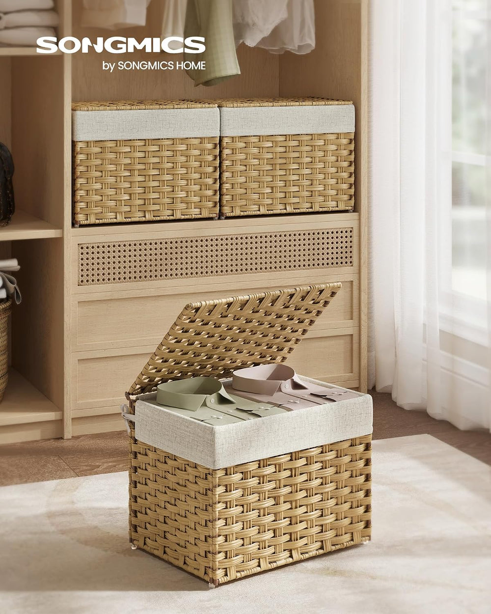 SONGMICS Woven Storage Basket with Lid, 9.2 Gallon (35L), Foldable