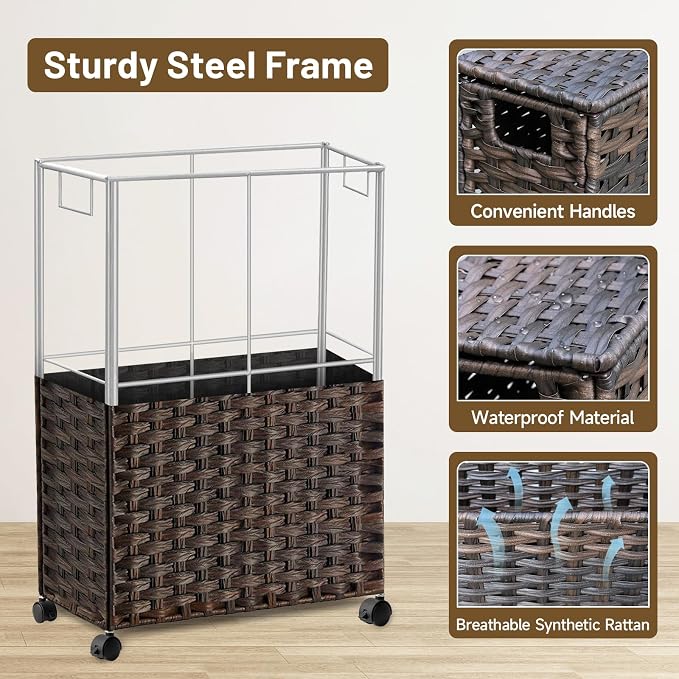 70L Slim Laundry Hamper with Lid & Wheels, 2-Park Rolling Laundry Basket ...