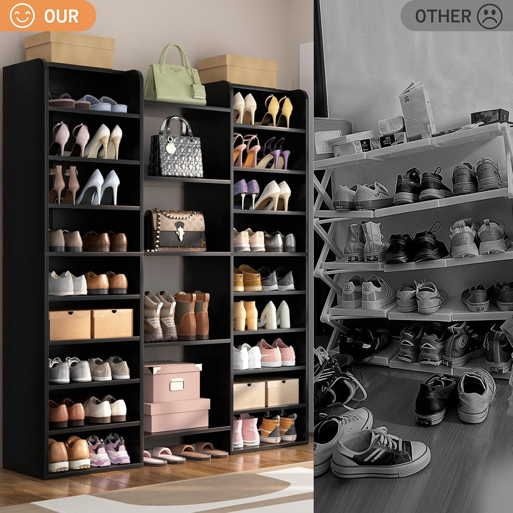 Unikito 14-Tier Wood Shoe Storage Cabinet with 22 Open Cubbies, Black