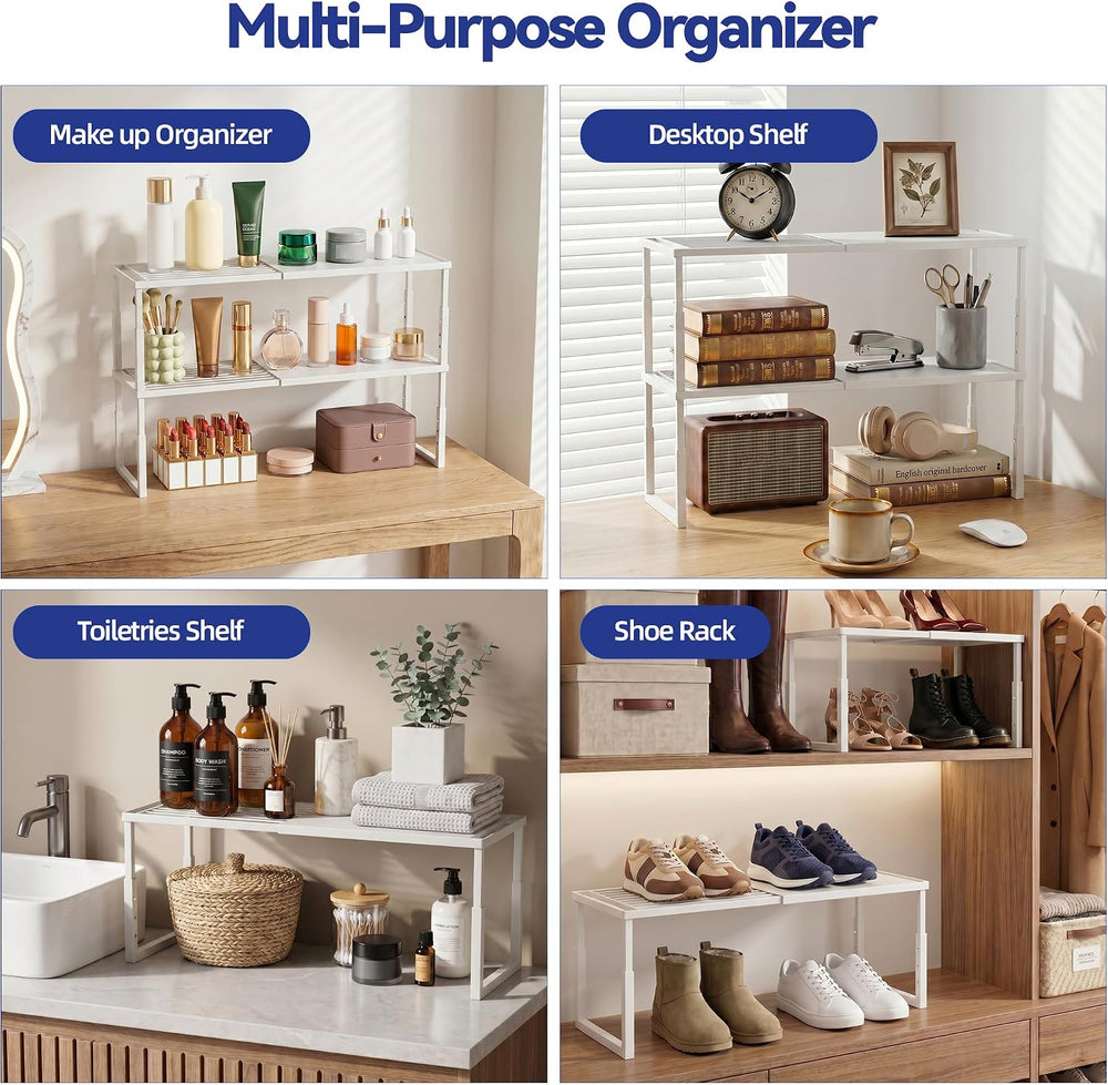 2 Packs Expandable Cabinet Shelf Organizer, Stackable Countertop Shelves