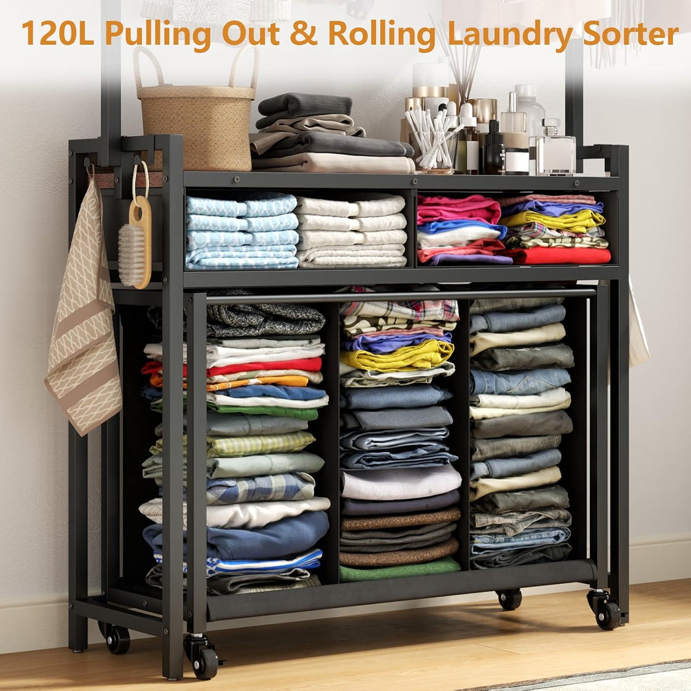STIKELY Laundry Sorter Hamper with Hanging Cloth Rack, Laundry Basket with 3 ...