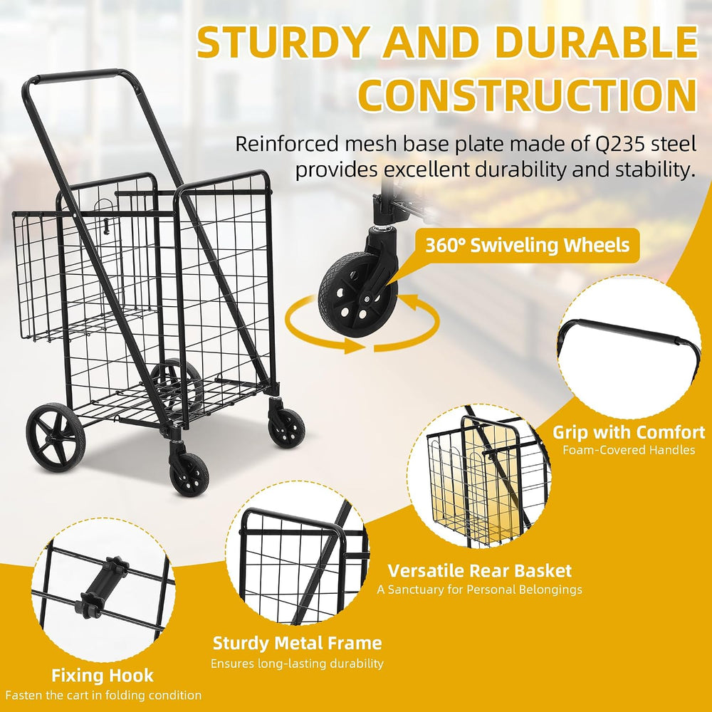 DWVO Jumbo Folding Shopping Cart with Wheels, Rolling Foldable Grocery Cart