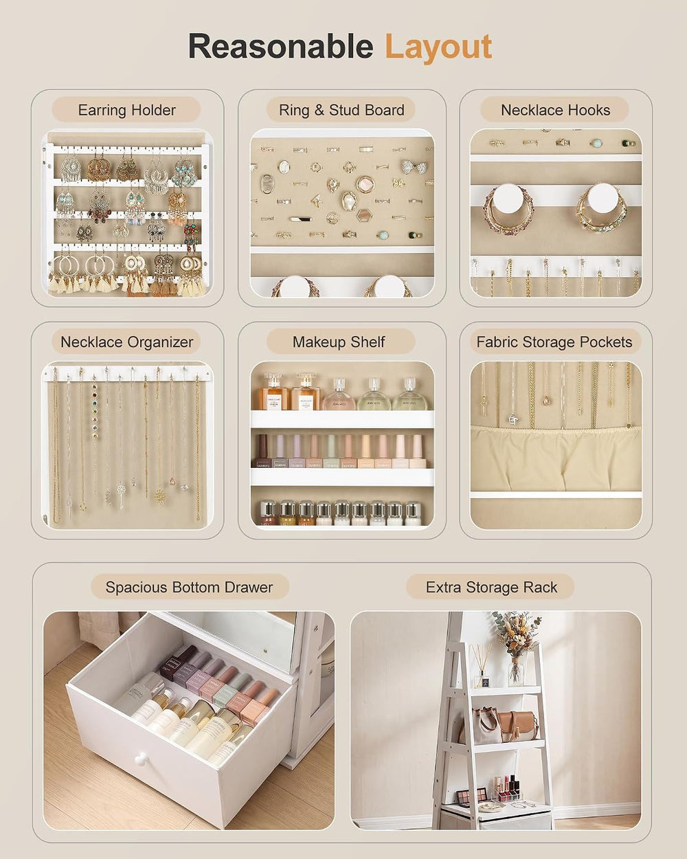 Nicetree 360°Swivel Large Jewelry Organizer,Full Length Mirror with Storage