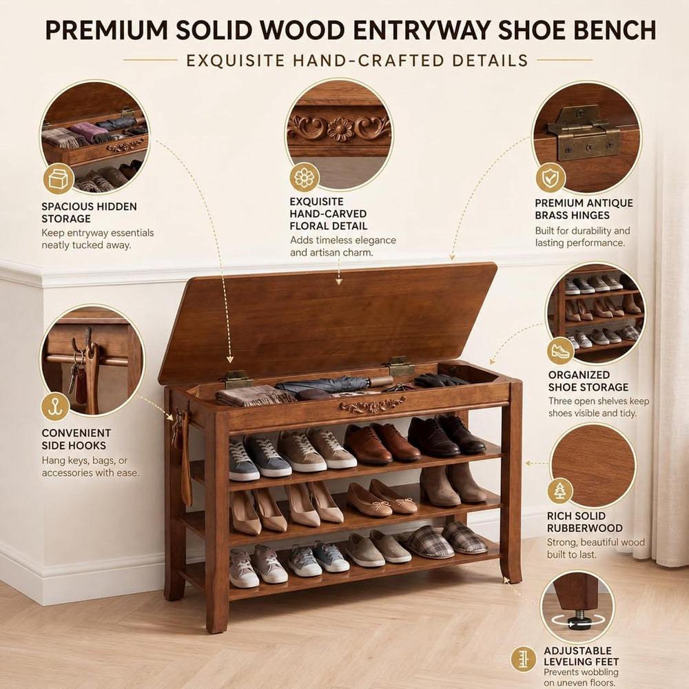 Shoe Rack Bench with Storage 3 Tier Solid Wood Entryway Shoe Rack 39.4"