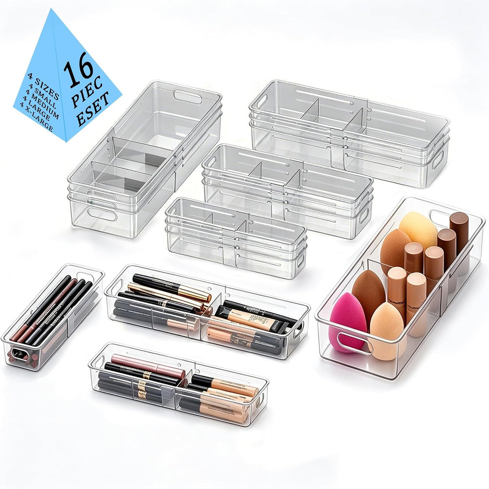 BLULEE 4-in-1 Expandable Drawer Organizer Set, Adjustable Clear Bins