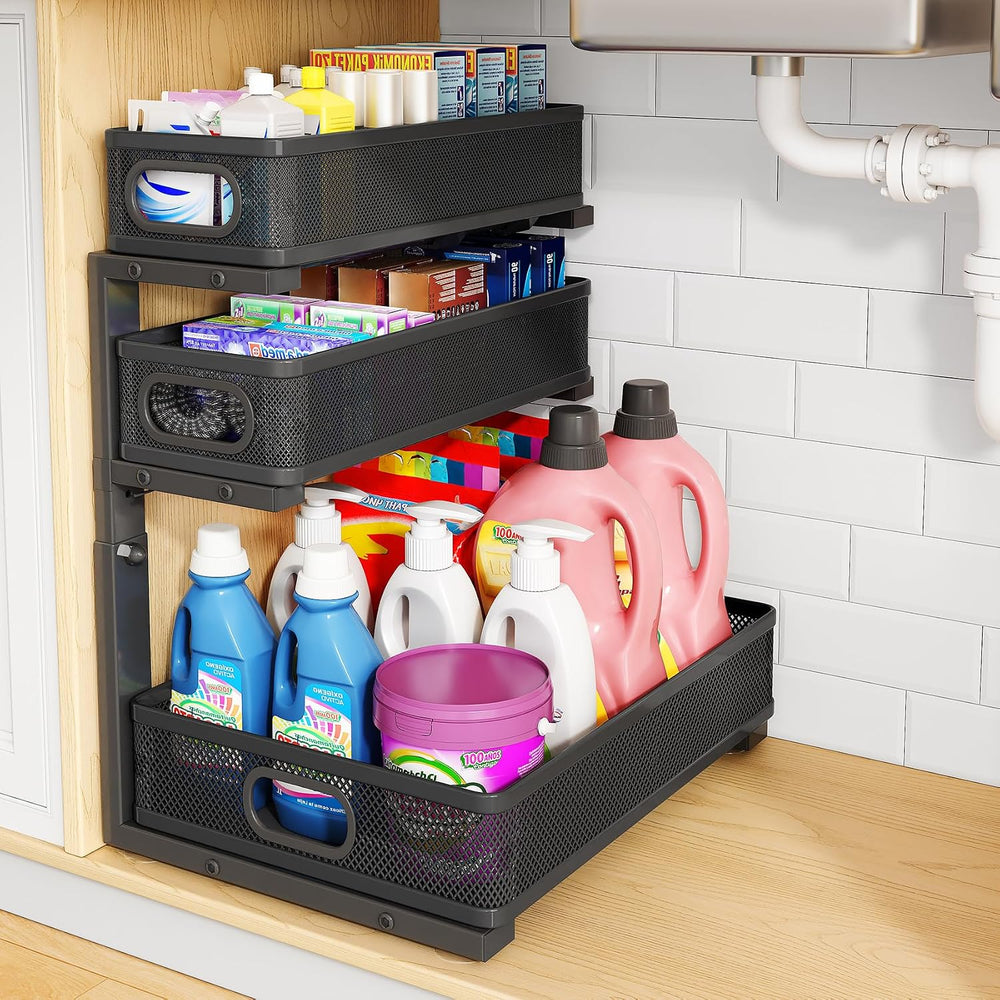 Under Sink Organizer, 3-Tier Thickened Metal Pull out Cabinet Organizer Shelf...