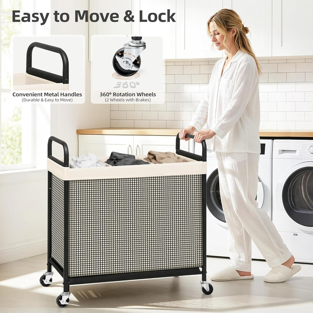 STORAGE MANIAC Rolling Laundry Hamper with Wheels 3-Section Laundry Sorter Ro...