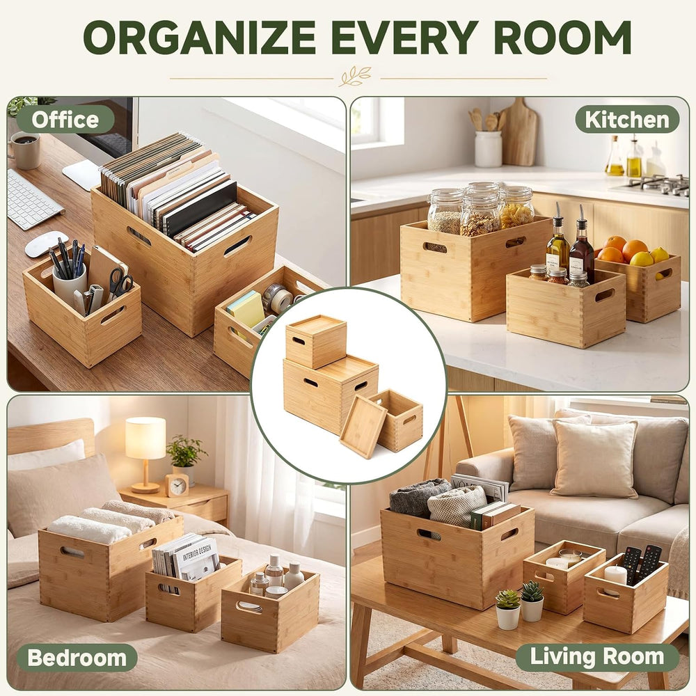 Sintuff 3 Pcs Stackable Bamboo Storage Box with Lid and Handle - Large 14.6&q...