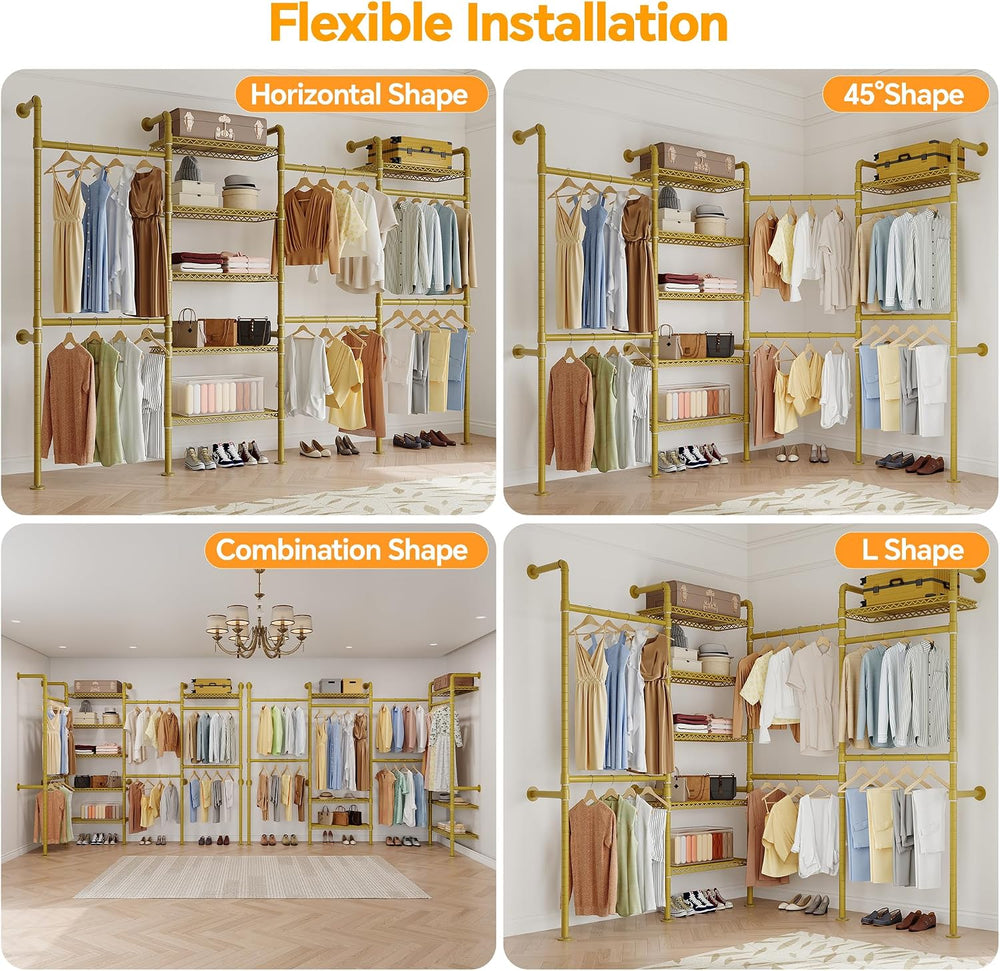 Higeego W4 Wall Mounted Clothes Rack, Industrial Pipe Clothing Rack, Gold