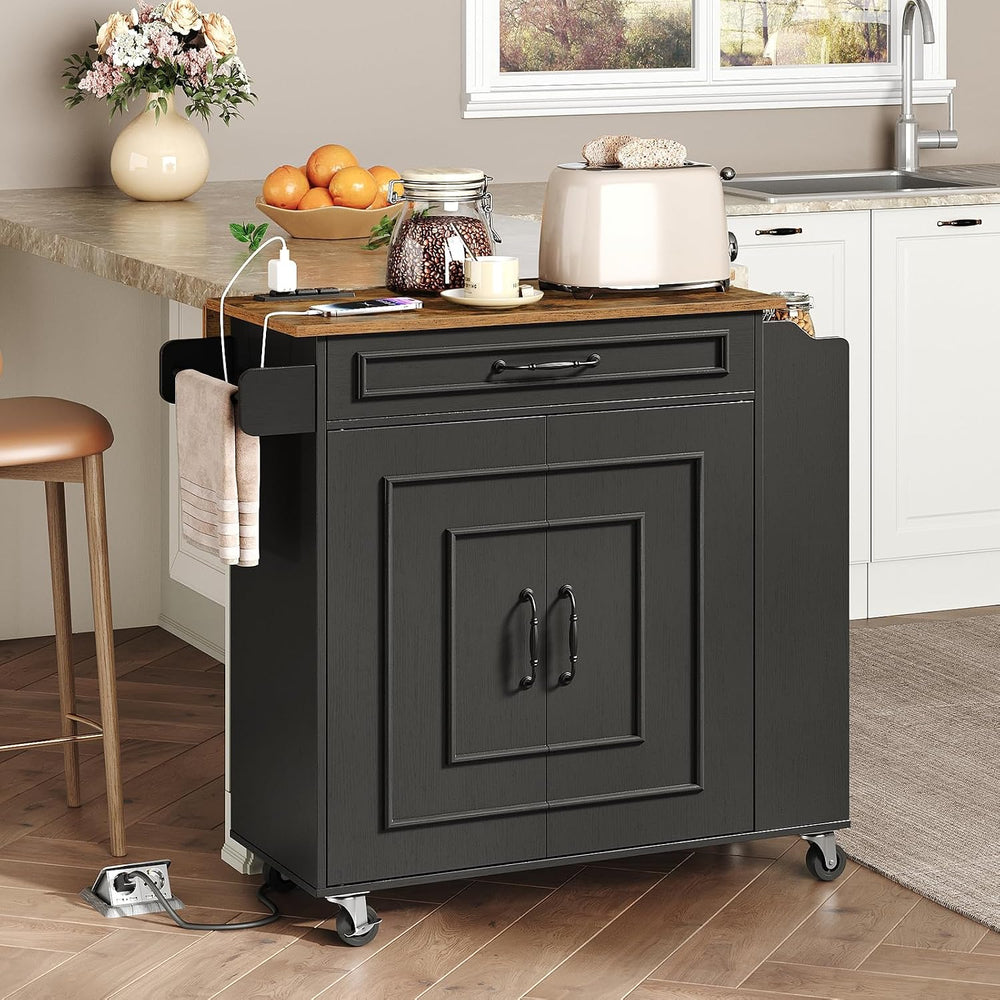 Kitchen Island with Power Outlets & Drop Leaf, Rolling Kitchen Cart on Wh...