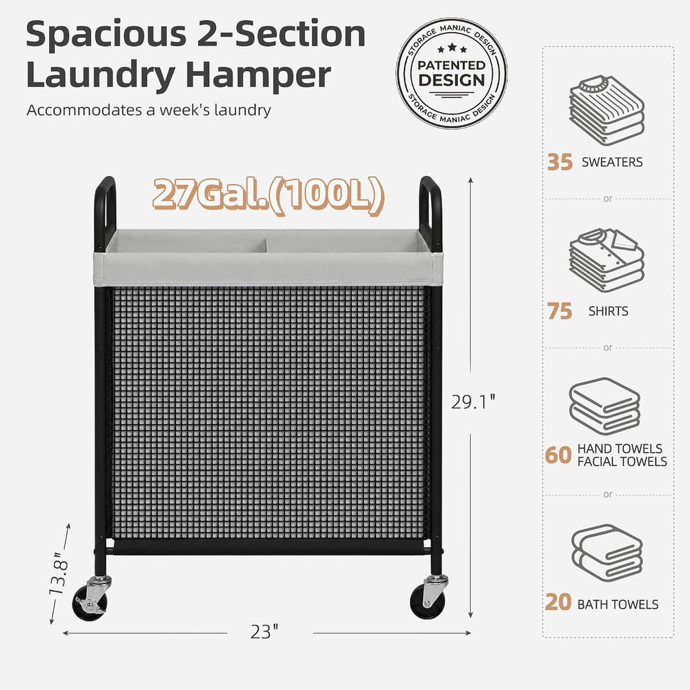 STORAGE MANIAC Rolling Laundry Hamper with Wheels 2-Section Laundry Sorter Ro...