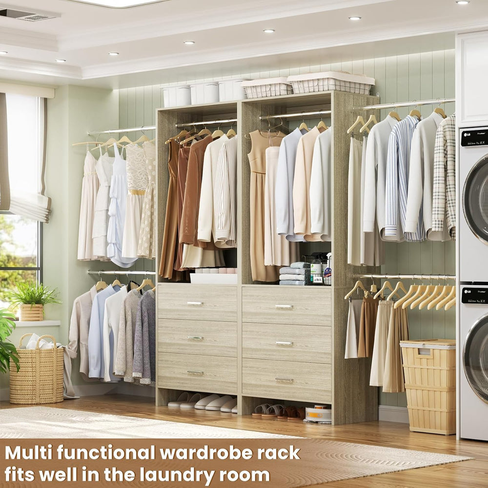 Aheaplus Closet System with Drawers and Rods, Set of 2，White Oak