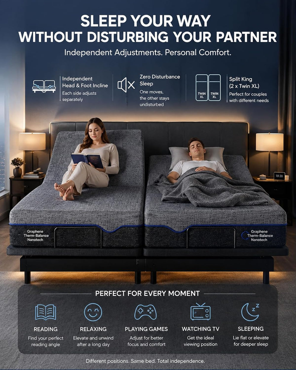 Marsail Adjustable Bed Frame Queen,Electric Bed with Massage and Remote