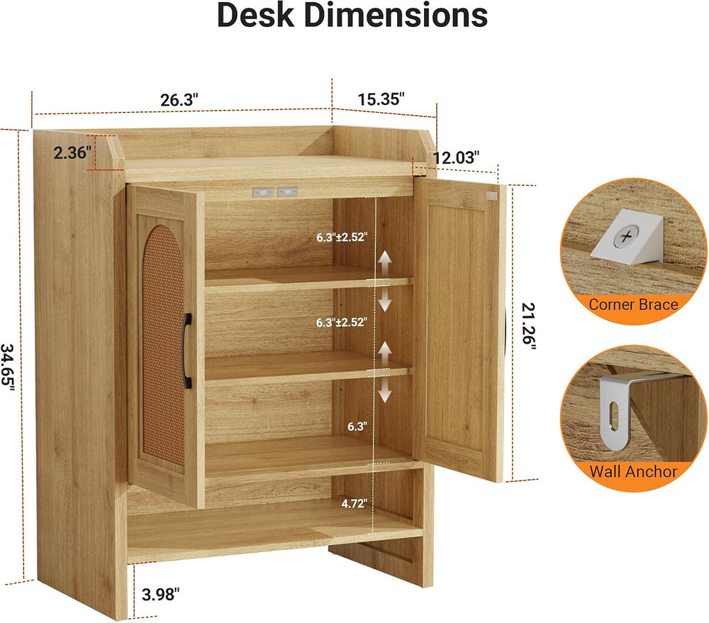 5-Tier Rattan Shoe Cabinet with Doors, 1.2" Thick Hidden Shoe Rack, Natural