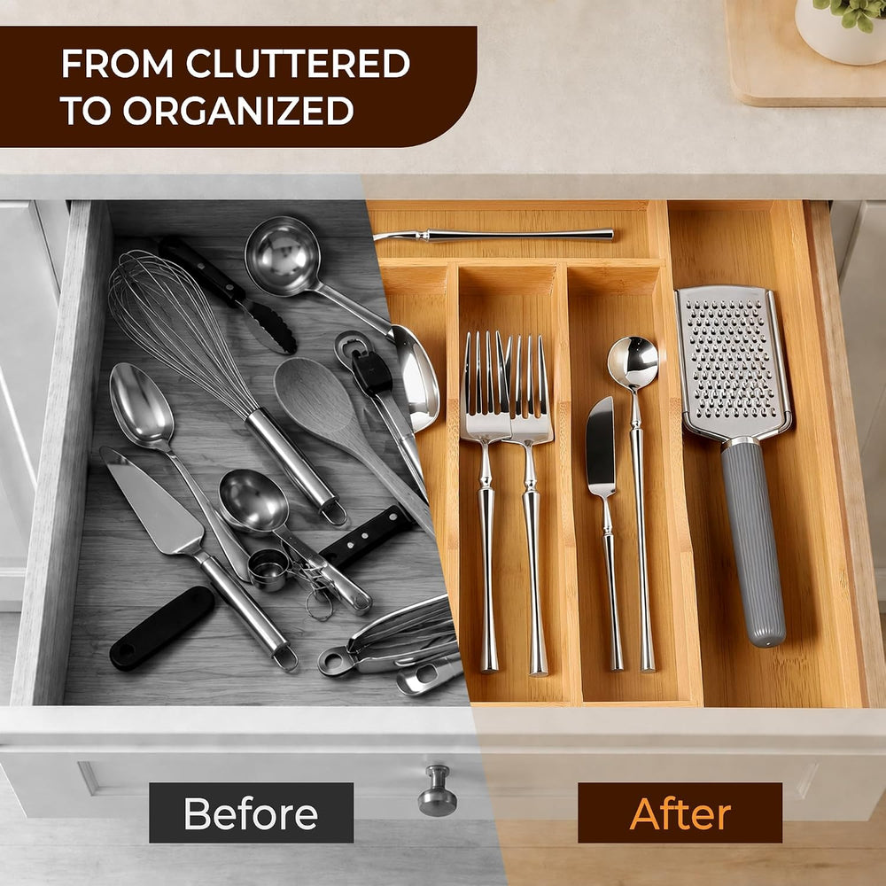 Expandable Bamboo Kitchen Drawer Organizer for Cutlery and Utensils, Adjustab...