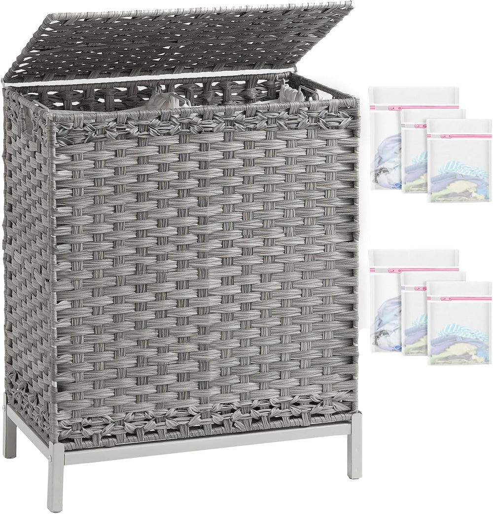 SETVSON Laundry Hamper with Lid, 112 L Handwoven PE Rattan Wicker, Gray