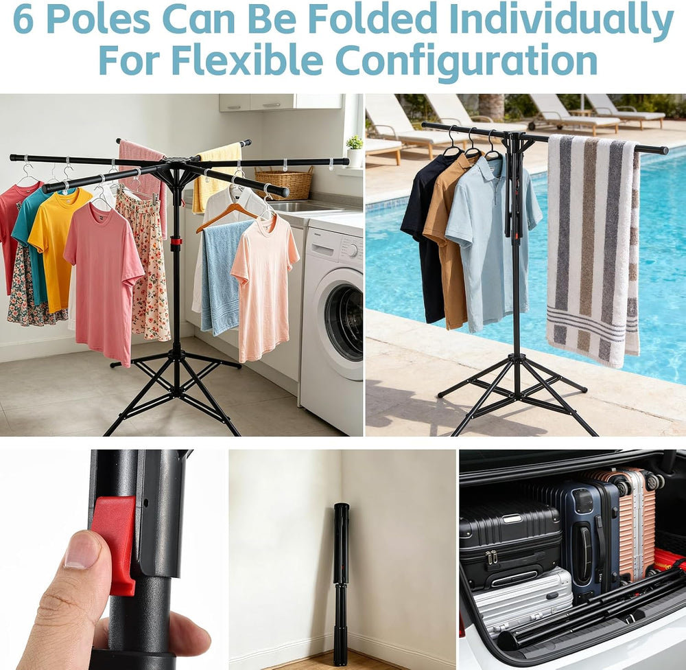 Foldable Clothes Drying Rack, 6 Rod Umbrella Style Height Adjustable Carbon S...
