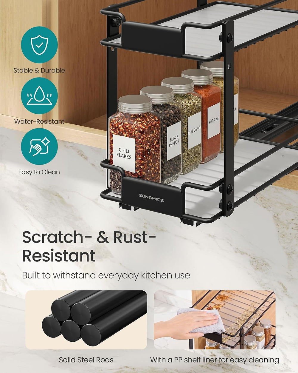 SONGMICS Spice Rack Organizer for Cabinet, Pull Out 2 Tier Thick Steel