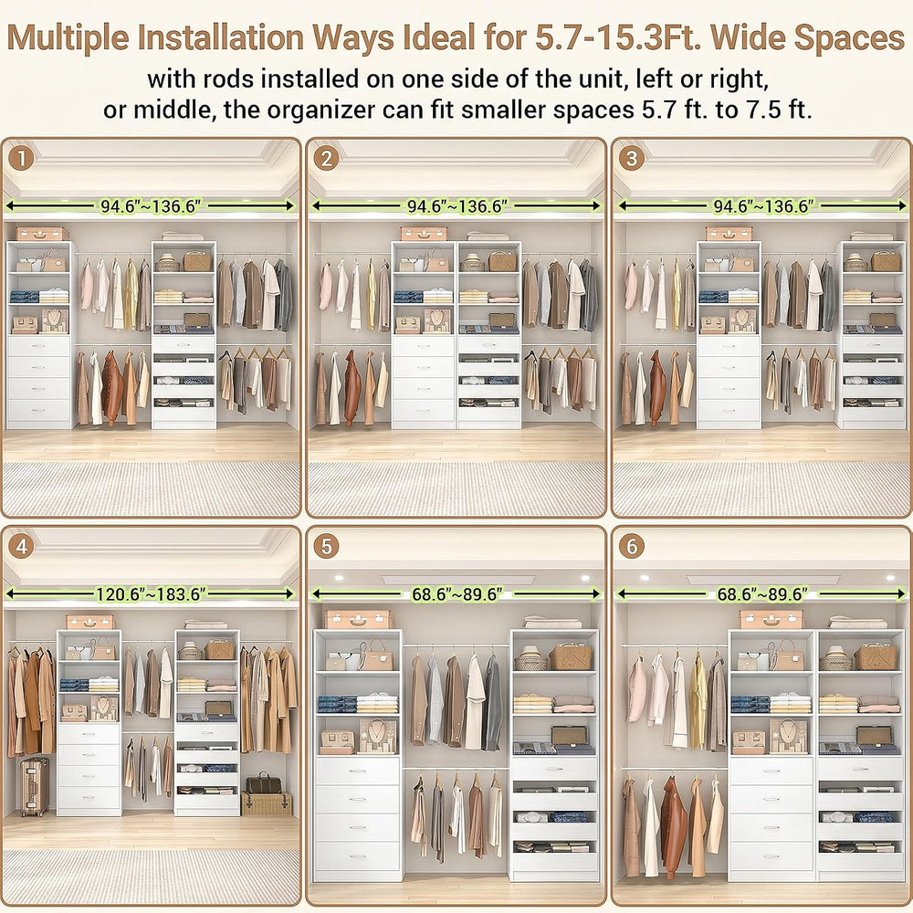 Aheaplus Closet System, 6-15Ft Custom Wood Closet Organizer with 8 Drawers