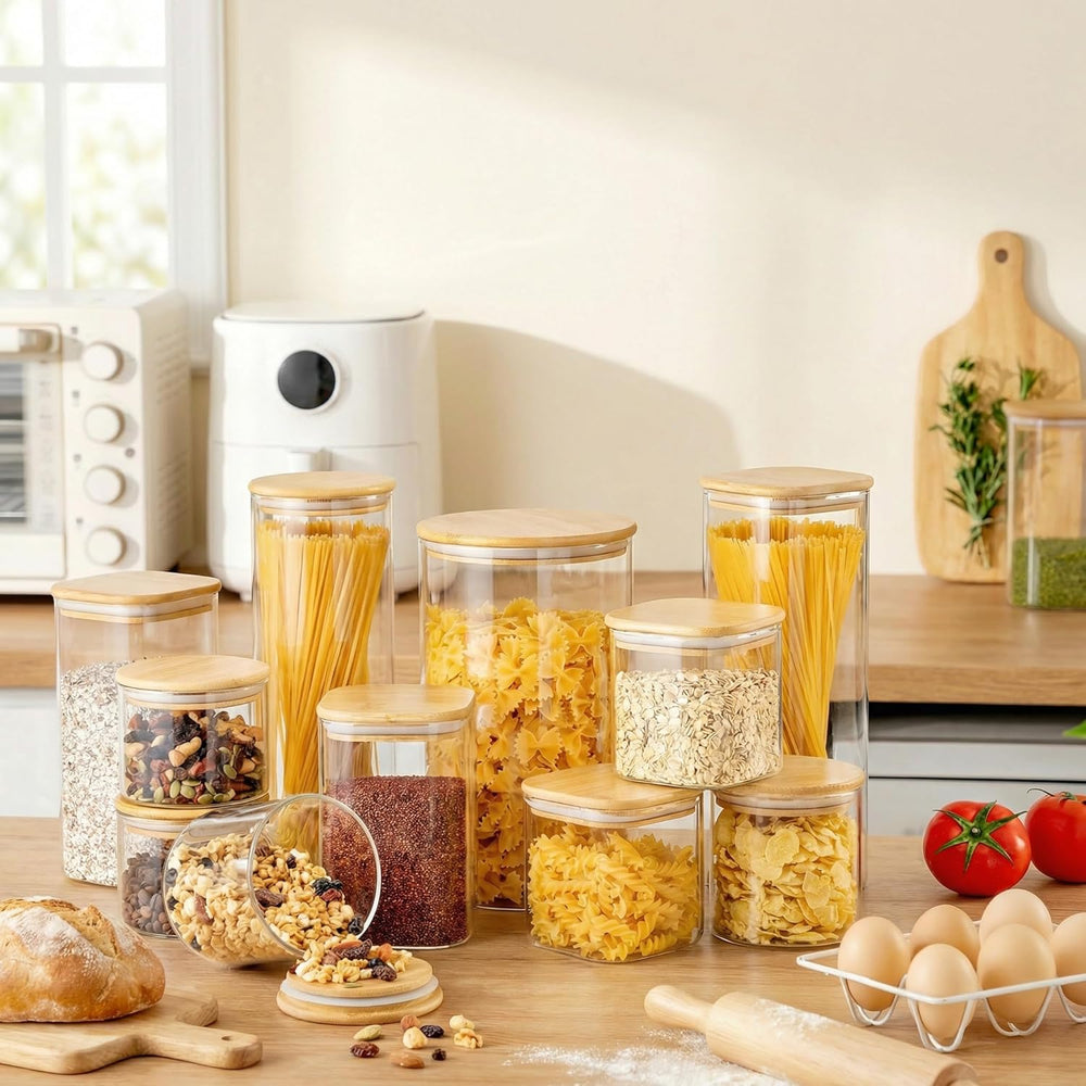 HomArtist Square Glass Jars with Bamboo Lids [Muti Size Set of 5], Glass Cani...