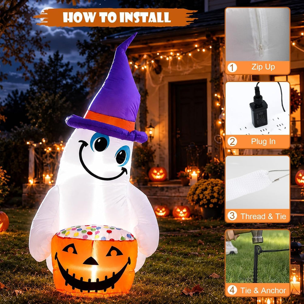 4FT Halloween Inflatable Outdoor Decorations, Blow Up Cute Ghost with Witch H...