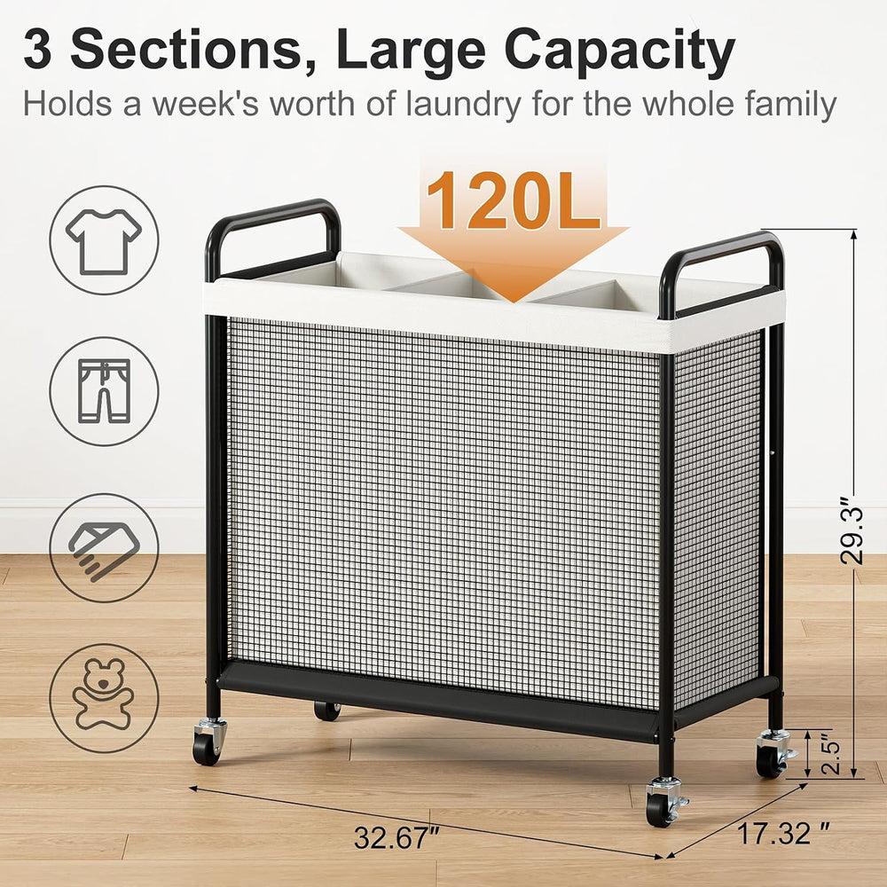 WOWLIVE Rolling Laundry Hamper 3 Section, 120L Laundry Basket with Wheels