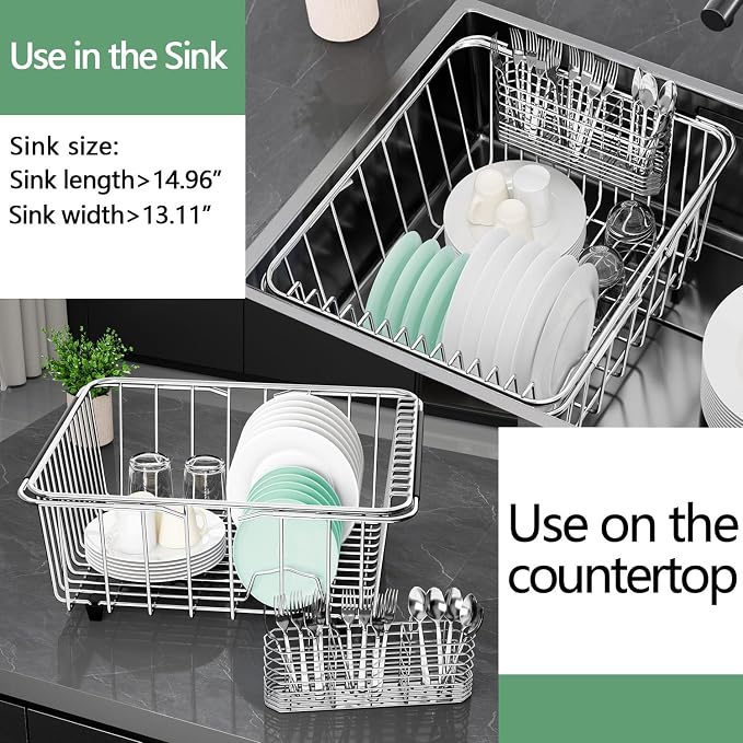 Large Sink Dish Drying Rack, Expandable 304 Stainless Steel Metal Dish Drainer