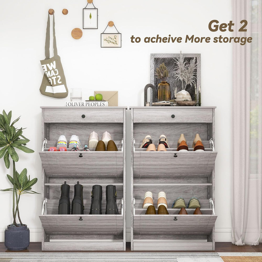 FTZxHKLX Shoe Rack Cabinet 2 Flip Drawers, Entryway Shoe Storage, Wash Grey