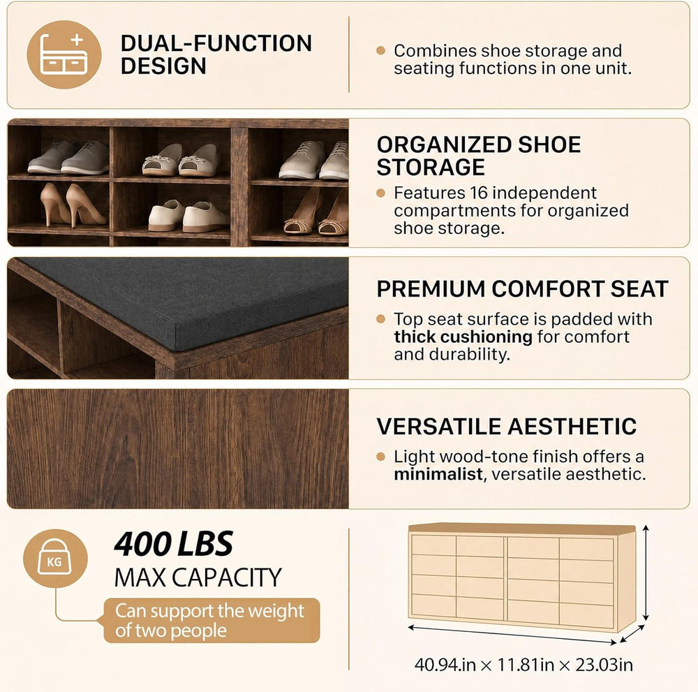 Shoe Rack Bench, Shoe Storage Bench with Cushion, Shoe Organizer 16 Cubbies f...
